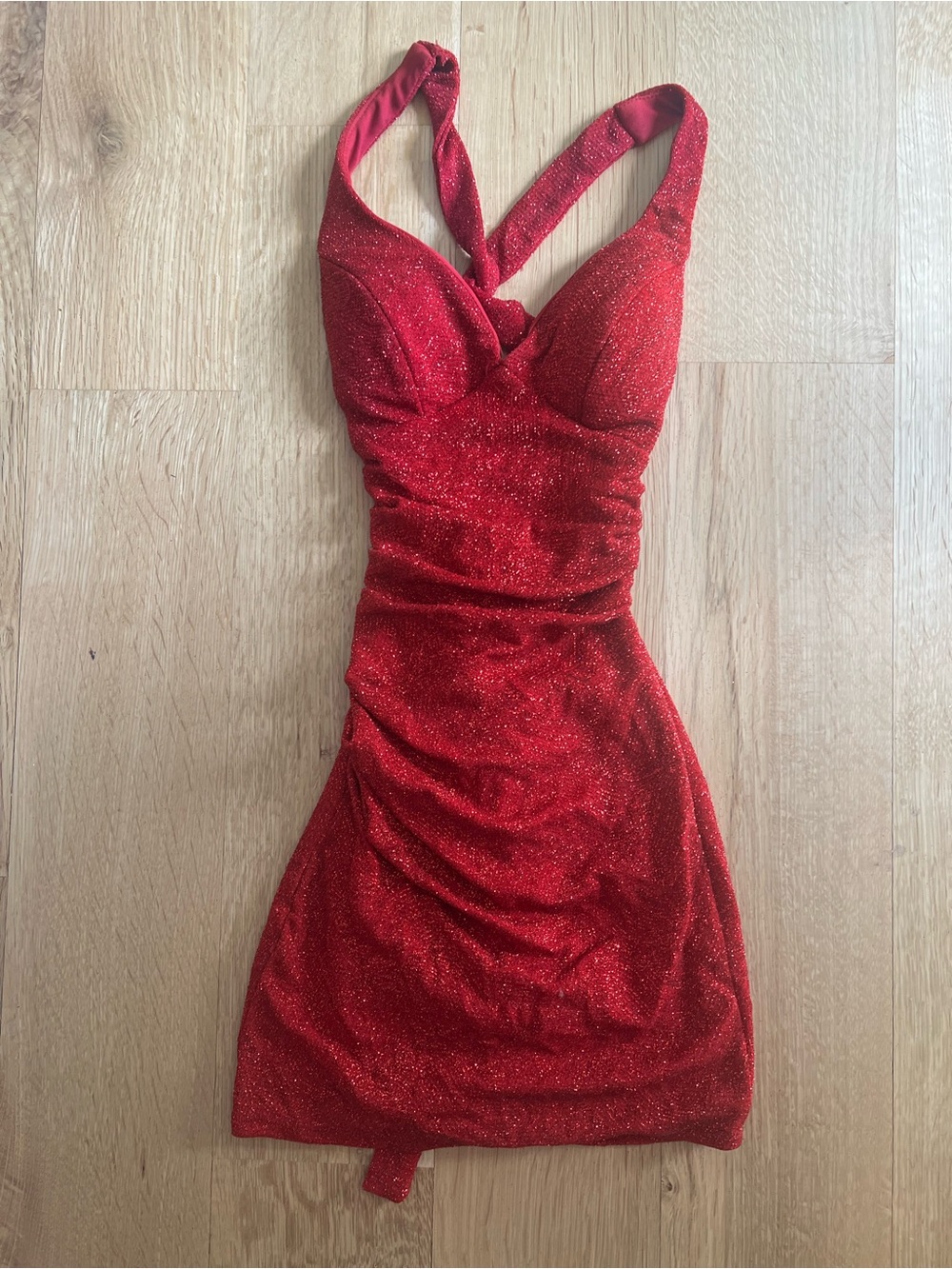 Windsor Red Sparkle Ruched Halter Mini Dress